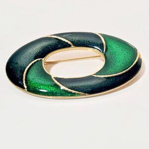 Vintage Green Enamel & Gold-Tone Brooch with Travel Pouch